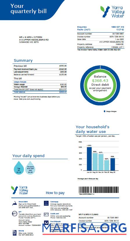 Realistic Australia Yarra Valley Water utility bill template in Word and PDF formats